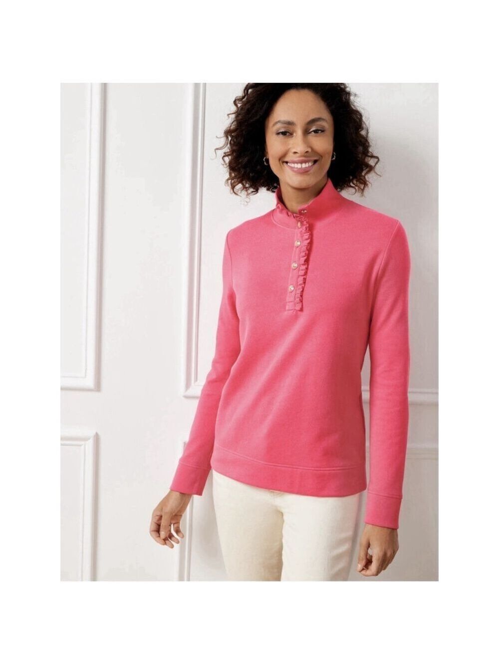 Talbots Ruffle Placket Mockneck Pullover Sweater In Pretty Pink Size XL Preppy
